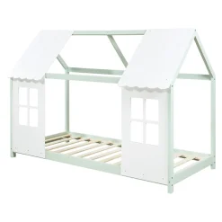 Lit cabane Tostedt pour enfant forme maison bois de pin 90 x 200 cm vert menthe blanc en.casa