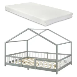 Lit cabane Treviolo avec matelas à mousse froid 200 x 120 cm gris clair / blanc en.casa