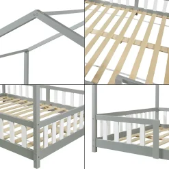 Lit cabane Treviolo avec matelas à mousse froid 200 x 120 cm gris clair / blanc en.casa