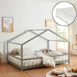 Lit cabane Treviolo avec matelas à mousse froid 200 x 120 cm gris clair / blanc en.casa