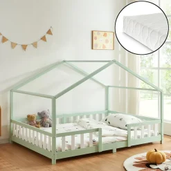 Lit cabane Treviolo avec matelas à mousse froid 200 x 140 cm vert menthe / blanc en.casa