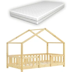 Lit cabane Treviolo avec matelas à mousse froid 160 x 80 cm bois naturel en.casa