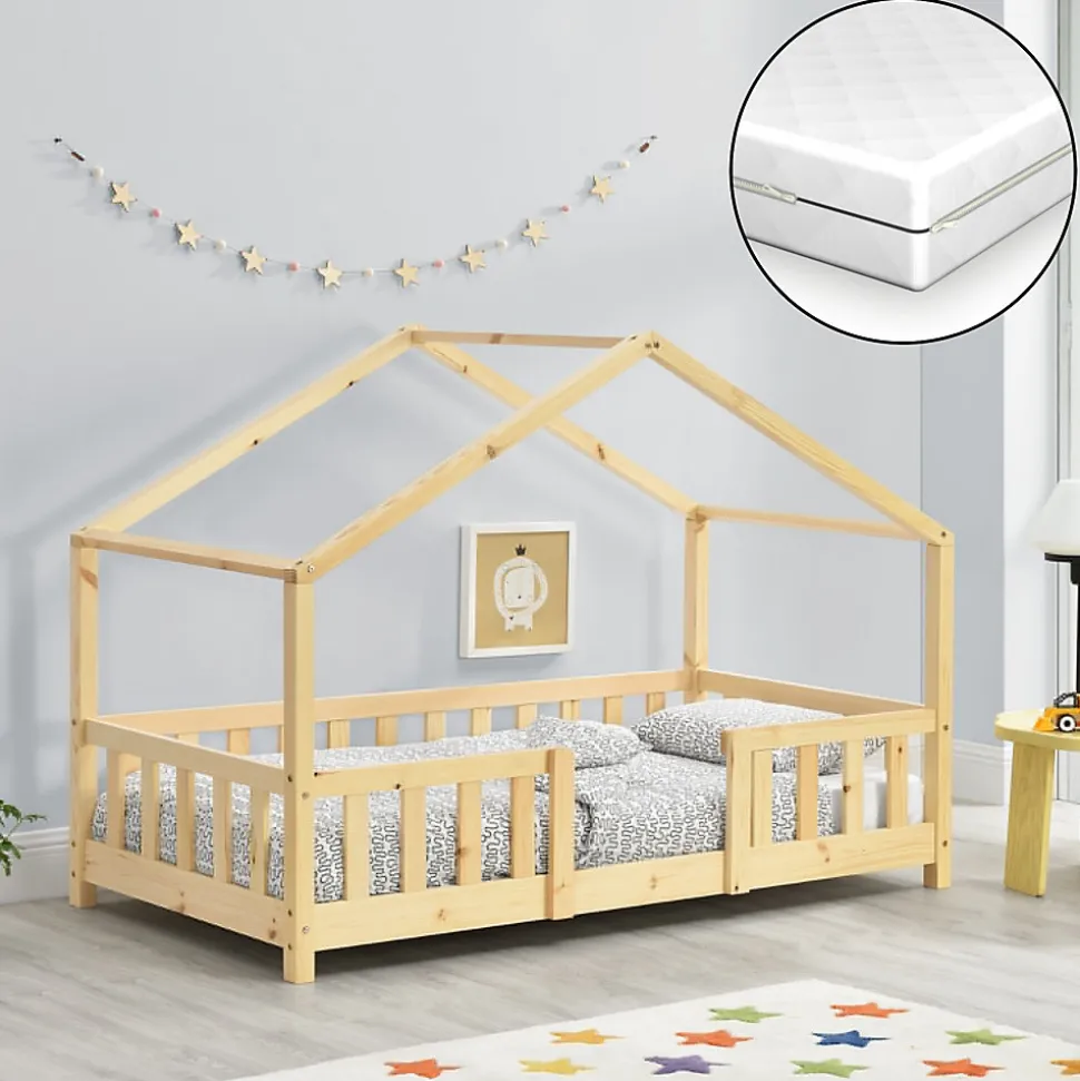 Lit cabane Treviolo avec matelas à mousse froid 160 x 80 cm bois naturel en.casa