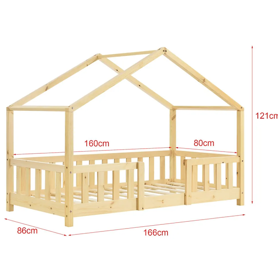 Lit cabane Treviolo avec matelas à mousse froid 160 x 80 cm bois naturel en.casa