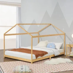 Lit cabane Vindafjord pour enfant 180 x 200 cm forme maison bambou naturel en.casa