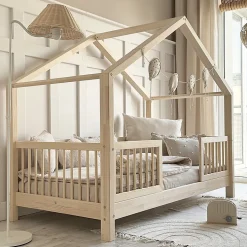 Lit cabane 90x200 barrières et sommier inclus pieds 10 cm Rosalie Bois