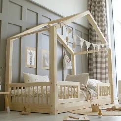 Lit cabane 90x190 barrières et sommier inclus pieds 1 cm Iris Bois