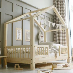 Lit cabane 90x200 barrières et sommier inclus pieds 10 cm Iris Bois