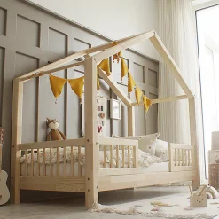 Lit cabane 90x200 barrières et sommier inclus pieds 10 cm Iris Bois