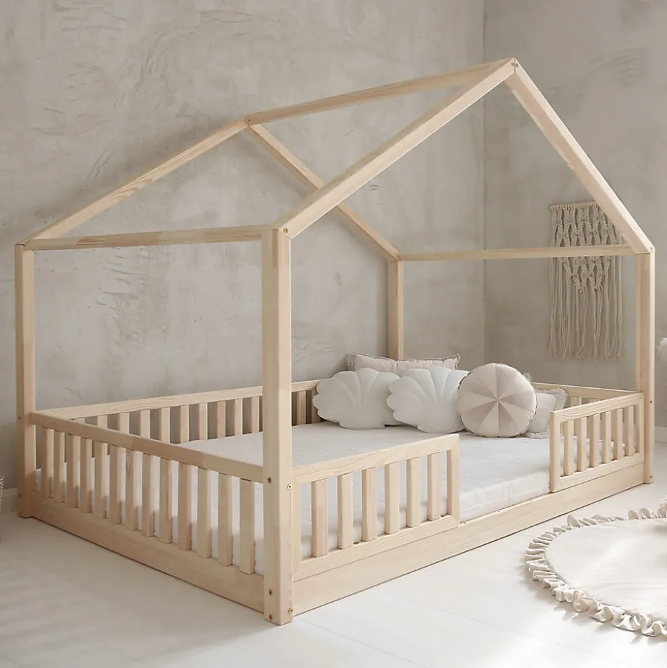 Lit cabane 140x200 barrières et sommier inclus pieds 1 cm Roxane Bois