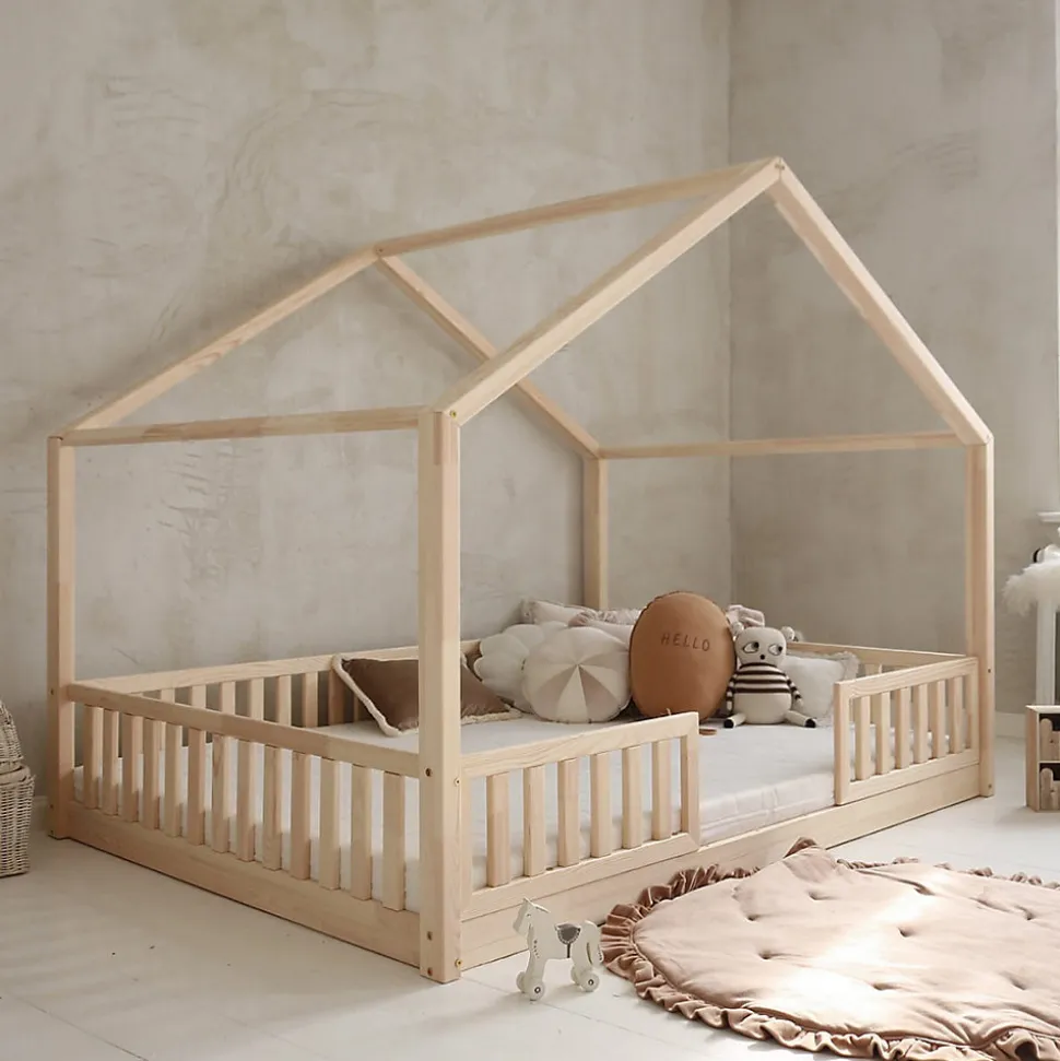 Lit cabane 140x200 barrières et sommier inclus pieds 1 cm Roxane Bois