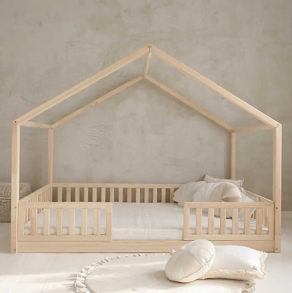 Lit cabane 140x200 barrières et sommier inclus pieds 1 cm Roxane Bois