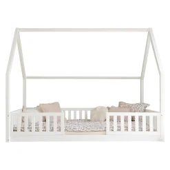 Lit cabane 140x200 barrières et sommier inclus pieds 1 cm Daisy Blanc