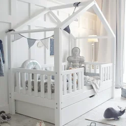 Lit cabane 90x190 barrières sommier et tiroir inclus Roxane Blanc