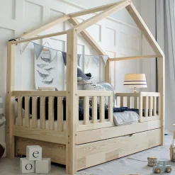 Lit cabane 90x190 barrières sommier et tiroir inclus Roxane Bois