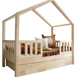 Lit cabane 90x190 barrières sommier et tiroir inclus Roxane Bois