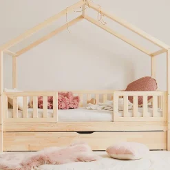 Lit cabane 90x190 barrières sommier et tiroir inclus Roxane Bois