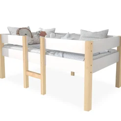 Lit cabane 90x190 cm - Lit enfant mi-hauteur avec protection antichute - Bois massif - Sans Matelas - Blanc