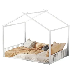 Lit Cabane 140x200 cm - Lit enfant avec Sommier à Lattes - Métal - Sans Matelas - Blanc