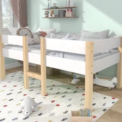 Lit cabane 90x200 cm - Lit enfant mi-hauteur avec protection antichute - Bois massif - Sans Matelas - Blanc