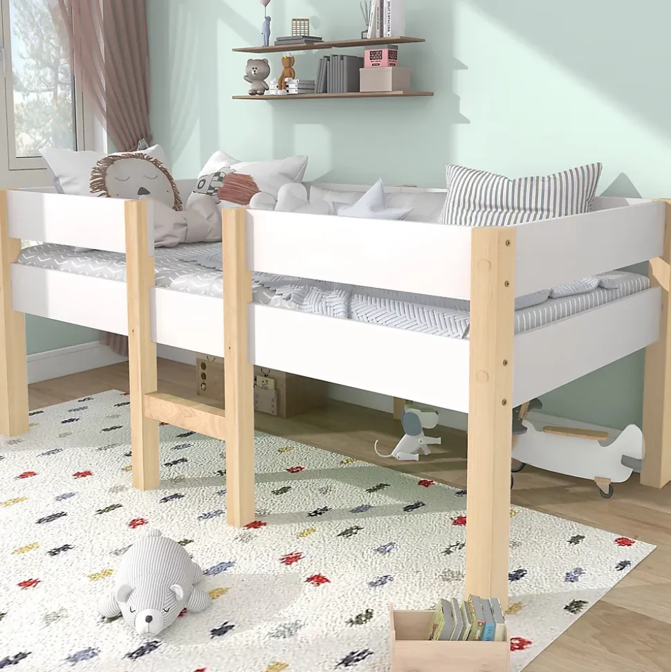 Lit cabane 90x200 cm - Lit enfant mi-hauteur avec protection antichute - Bois massif - Sans Matelas - Blanc