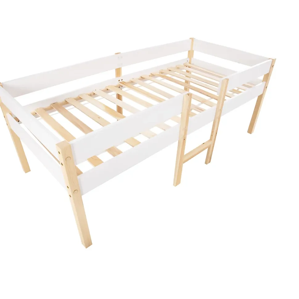 Lit cabane 90x200 cm - Lit enfant mi-hauteur avec protection antichute - Bois massif - Sans Matelas - Blanc