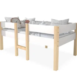 Lit cabane 90x200 cm - Lit enfant mi-hauteur avec protection antichute - Bois massif - Sans Matelas - Blanc