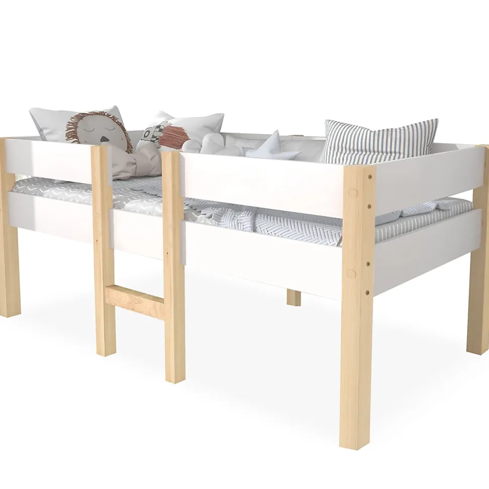 Lit cabane 90x200 cm - Lit enfant mi-hauteur avec protection antichute - Bois massif - Sans Matelas - Blanc