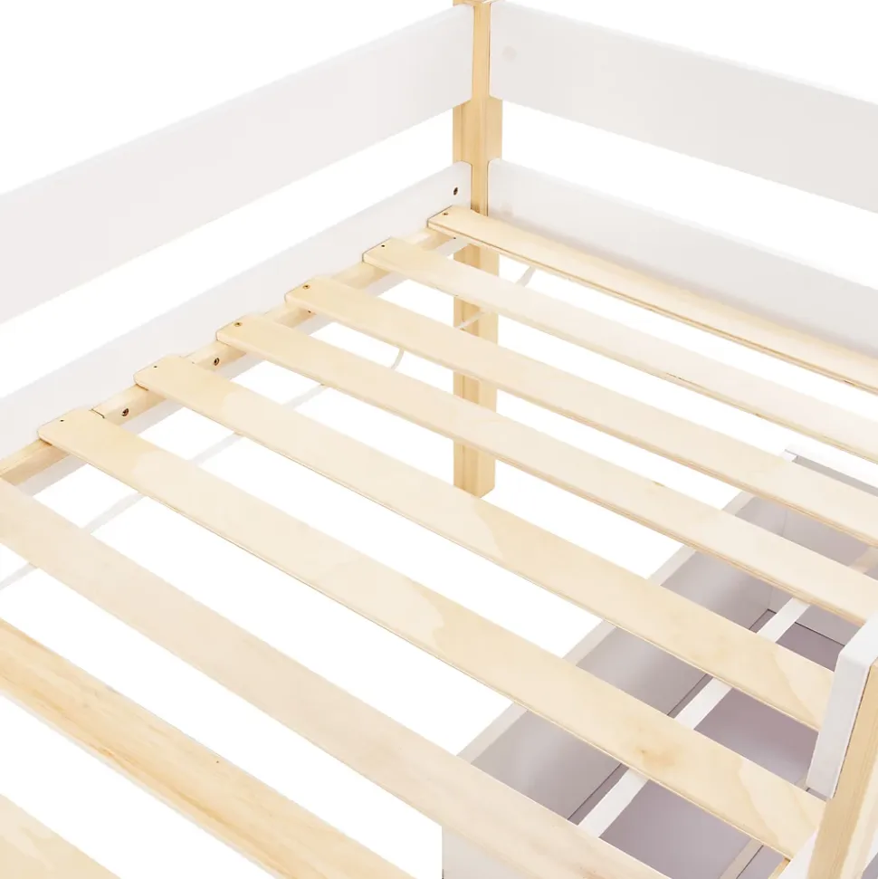 Lit cabane 90x190 cm - Lit mi-hauteur avec protection antichute et 2 tiroirs - Bois massif - Sans Matelas - Blanc