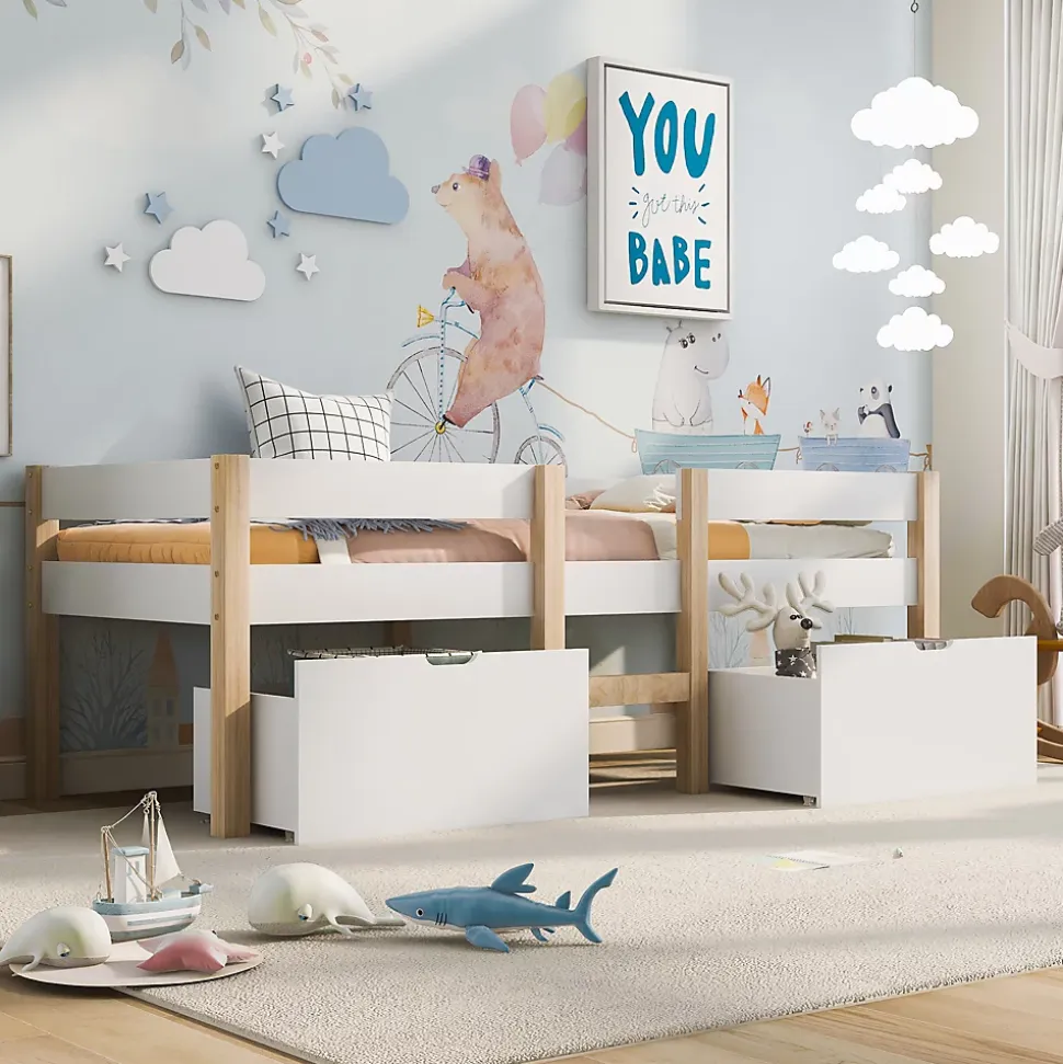 Lit cabane 90x190 cm - Lit mi-hauteur avec protection antichute et 2 tiroirs - Bois massif - Sans Matelas - Blanc