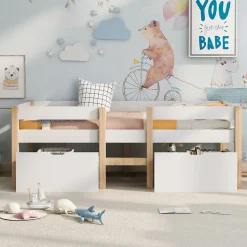 Lit cabane 90x190 cm - Lit mi-hauteur avec protection antichute et 2 tiroirs - Bois massif - Sans Matelas - Blanc