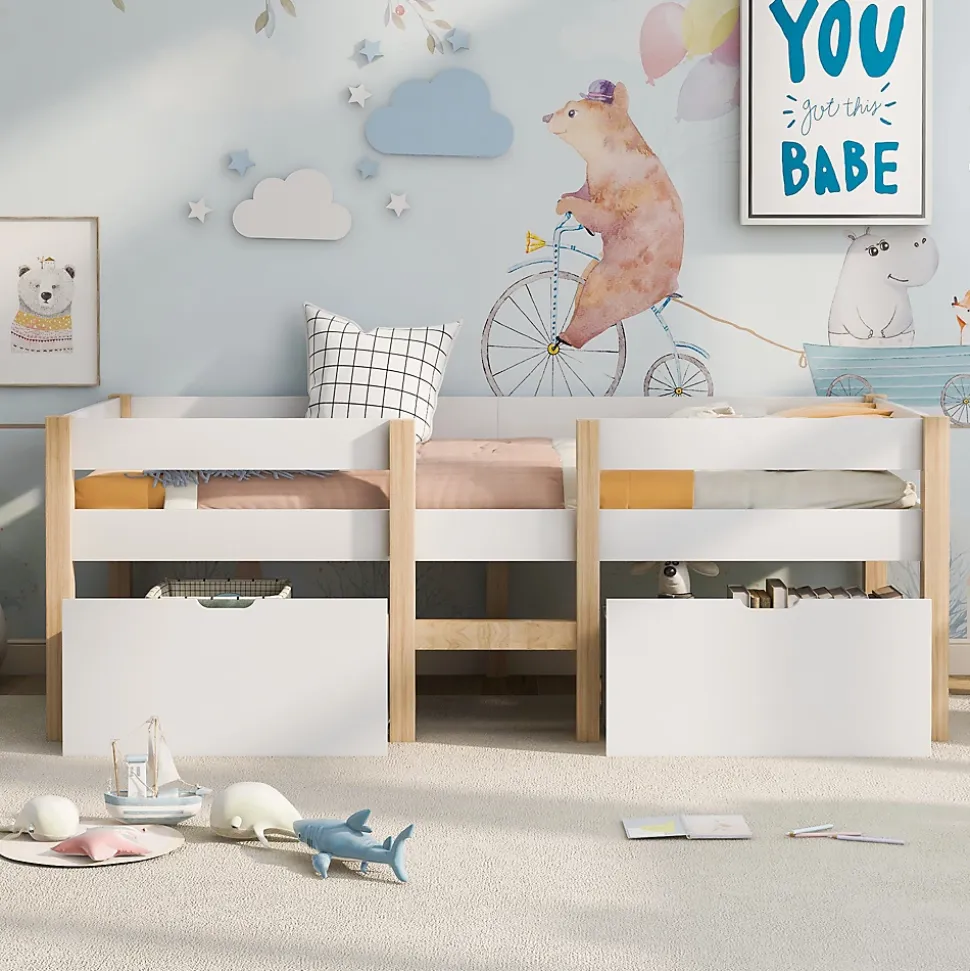 Lit cabane 90x190 cm - Lit mi-hauteur avec protection antichute et 2 tiroirs - Bois massif - Sans Matelas - Blanc