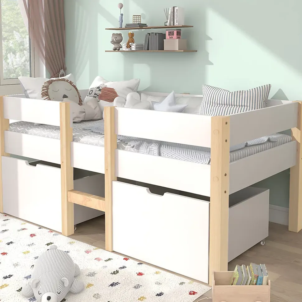 Lit cabane 90x200 cm - Lit mi-hauteur avec protection antichute et 2 tiroirs - Bois massif - Sans Matelas - Blanc