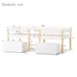 Lit cabane 90x200 cm - Lit mi-hauteur avec protection antichute et 2 tiroirs - Bois massif - Sans Matelas - Blanc