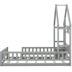 Lit cabane 140x200 cm avec table de chevet, barrières de sécurité, sommier à lattes, cadre en bois, gris