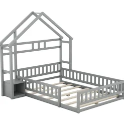 Lit cabane 140x200 cm avec table de chevet, barrières de sécurité, sommier à lattes, cadre en bois, gris