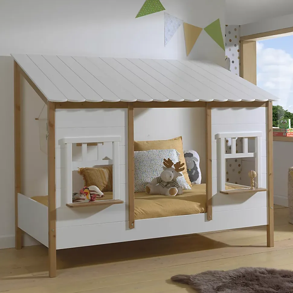 Lit cabane 90x200 sommier inclus Vipack Housebed Blanc et bois