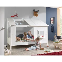 Lit Cabane 90x200 toit semi-ouvert et fenêtre Sommier inclus Vipack HouseBed - Blanc