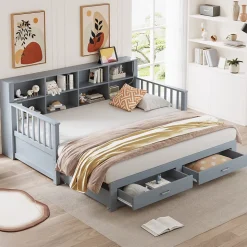 Lit canapé extensible bois massif 90 180 par 190 cm rangement prise deux tiroirs sommier multifonction pin gris 1