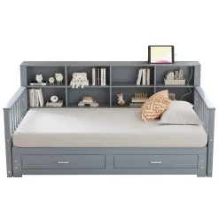 Lit canapé extensible bois massif 90 180 par 190 cm rangement prise deux tiroirs sommier multifonction pin gris 1