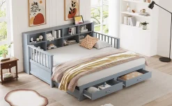 Lit canapé extensible bois massif 90 180 par 190 cm rangement prise deux tiroirs sommier multifonction pin gris 1