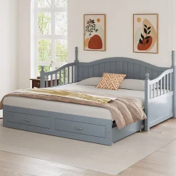 Lit canapé extensible pin 90 190 par 180 190 colonnes dossier accoudoirs tiroirs sommier multifonction gris