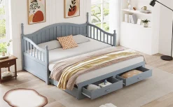 Lit canapé extensible pin 90 190 par 180 190 colonnes dossier accoudoirs tiroirs sommier multifonction gris