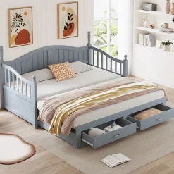 Lit canapé extensible pin 90 190 par 180 190 colonnes dossier accoudoirs tiroirs sommier multifonction gris