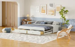 Lit canapé extensible quatre vingt dix cent quatre vingt par deux cents bois de pin avec tiroirs sommier rangement blanc