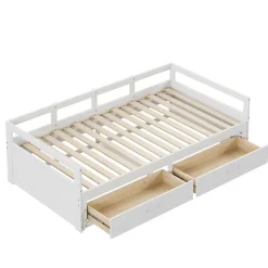 Lit canapé extensible quatre vingt dix cent quatre vingt par deux cents bois de pin avec tiroirs sommier rangement blanc