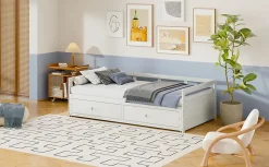 Lit canapé extensible quatre vingt dix cent quatre vingt par deux cents bois de pin avec tiroirs sommier rangement blanc