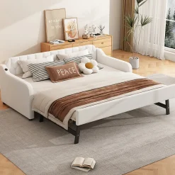 Lit Canapé 90x200cm, Avec Lit Escamotable, USB, Beige