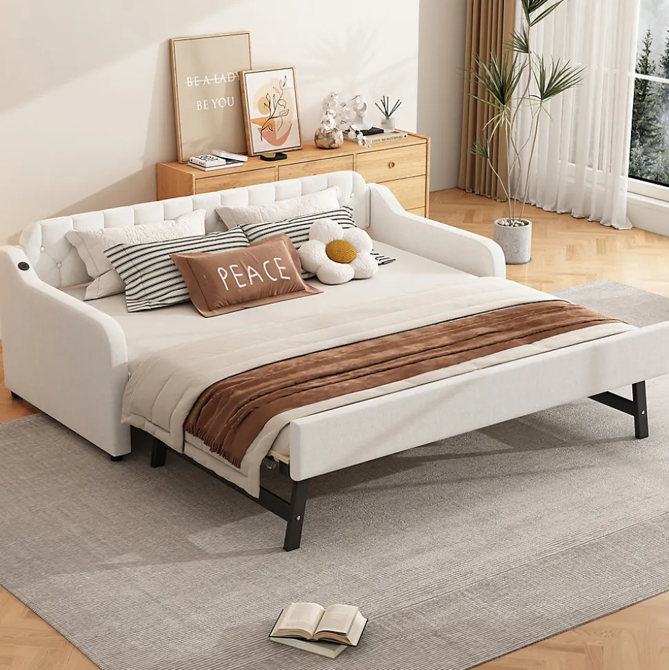 Lit Canapé 90x200cm, Avec Lit Escamotable, USB, Beige