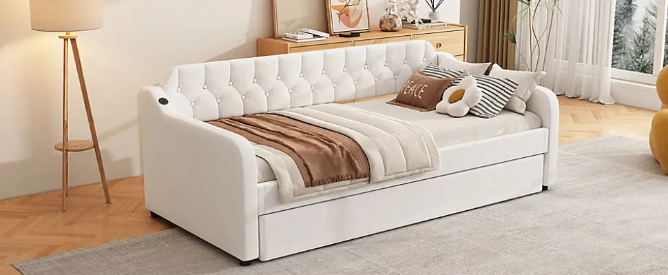 Lit Canapé 90x200cm, Avec Lit Escamotable, USB, Beige